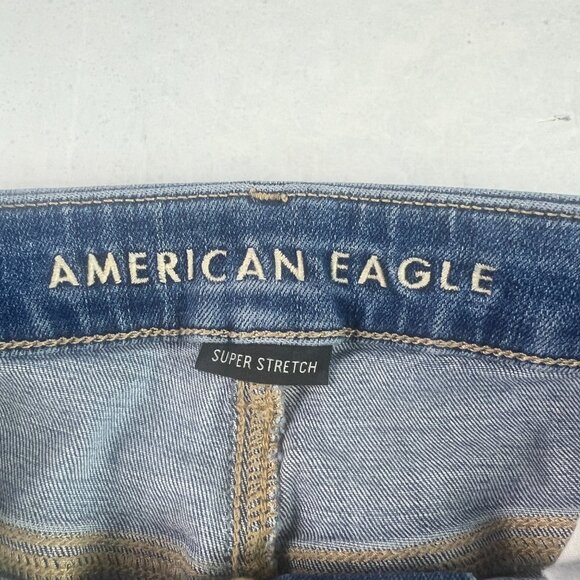 American Eagle Jean Women 30x27* Super High Rise Flare Blue Raw Hem Denim Tag 8S - Picture 7 of 16